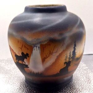 Artisan RWA Vintage Native American Pottery Jar Wolf Motif Southwestern Folk Art